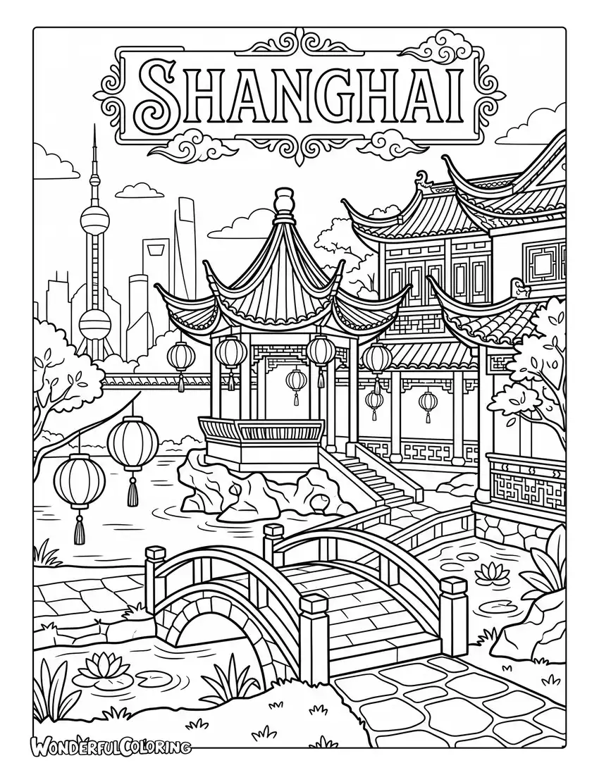 Shanghai Yu Garden with traditional Chinese buildings, bridges, and lanterns coloring page