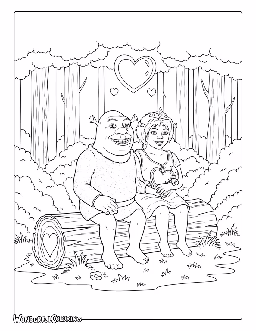 Shrek and Fiona cozy forest Valentine coloring page