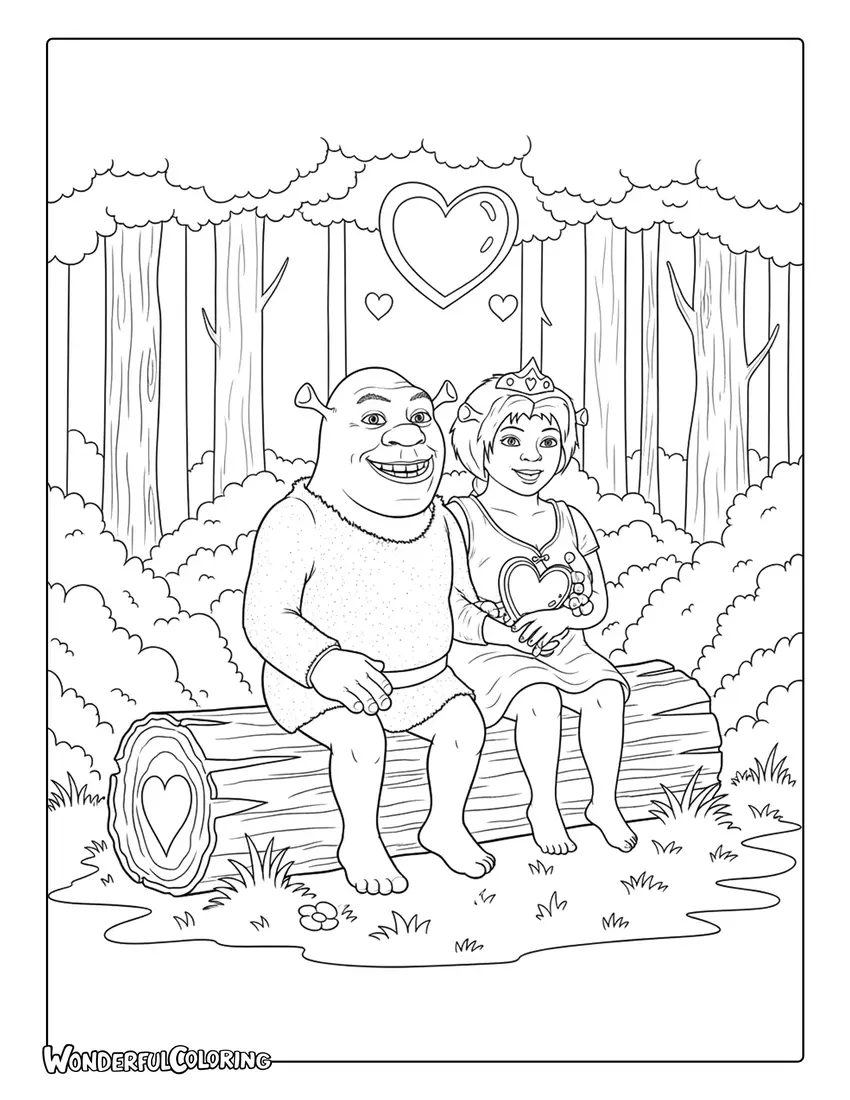 Shrek and Fiona cozy forest Valentine coloring page