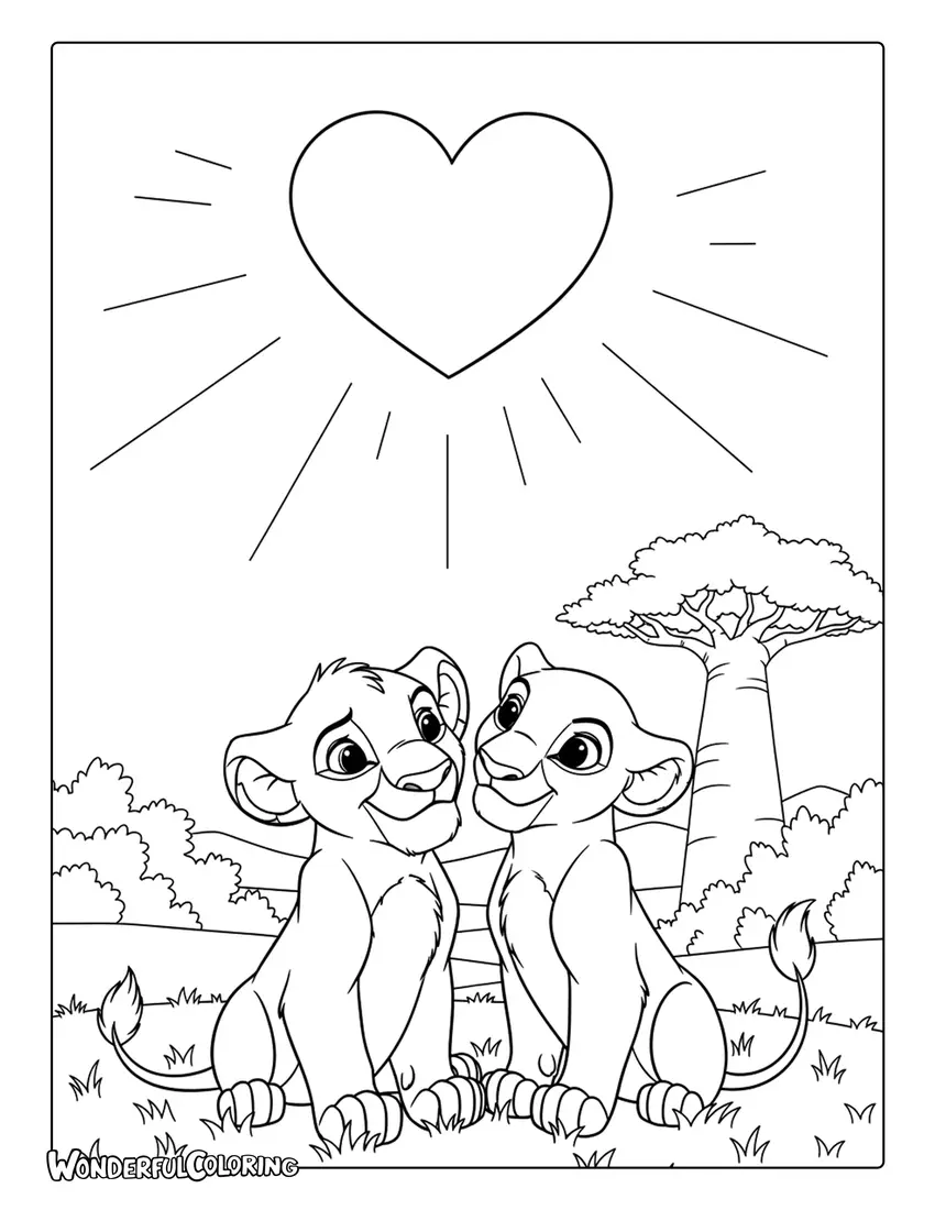 Simba and Nala under a heart-shaped moon coloring page