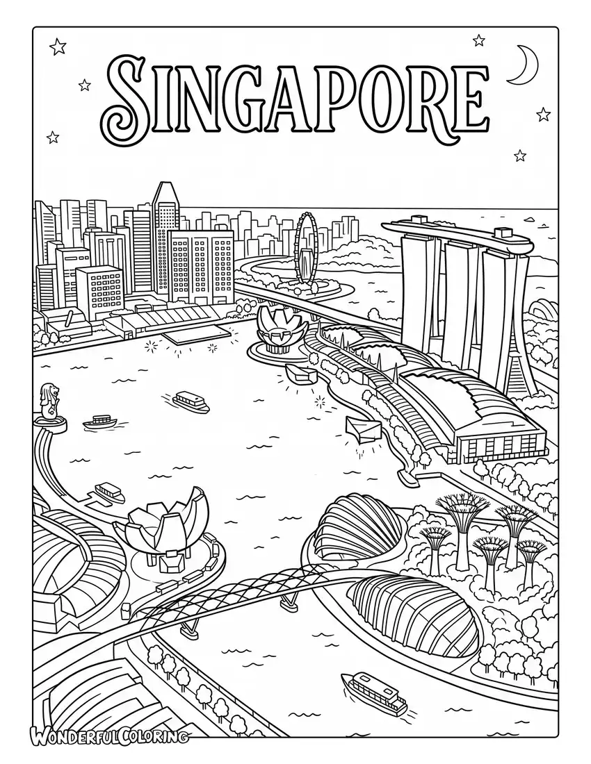 Marina Bay aerial coloring page with illuminated skyscrapers, waterfront reflections, and a blue-hour cityscape