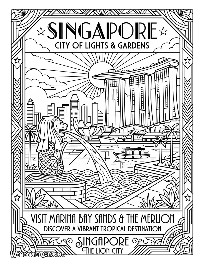 Art Deco Singapore coloring page with Marina Bay Sands, Merlion, geometric borders, and elegant architectural details