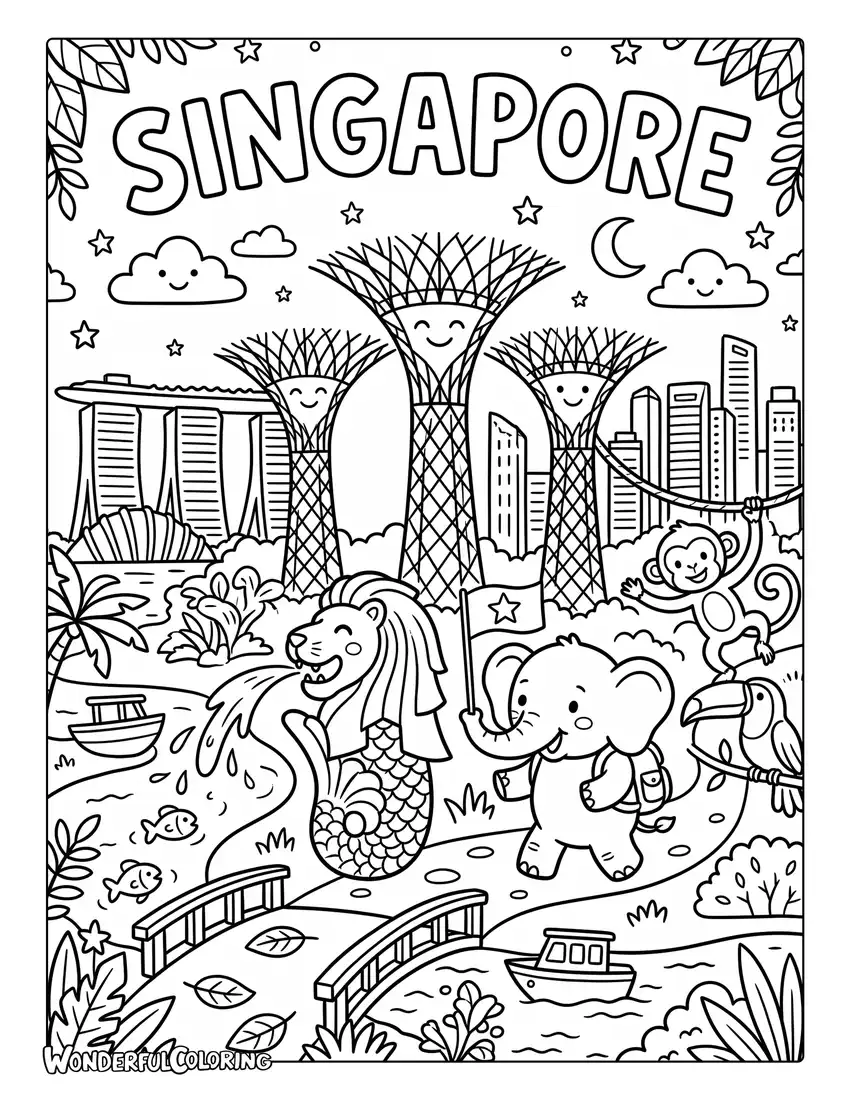 Cute Merlion coloring page with smiling mythical creature, tropical animals, and famous city landmarks