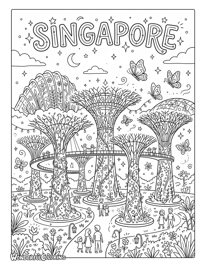 Fantasy Supertree coloring page with magical glowing trees, butterflies, and an enchanted garden