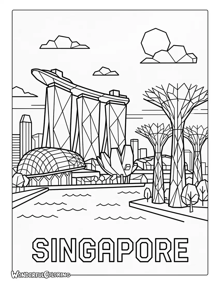 Geometric Singapore skyline coloring page with Marina Bay Sands, Esplanade, and Gardens by the Bay Supertrees