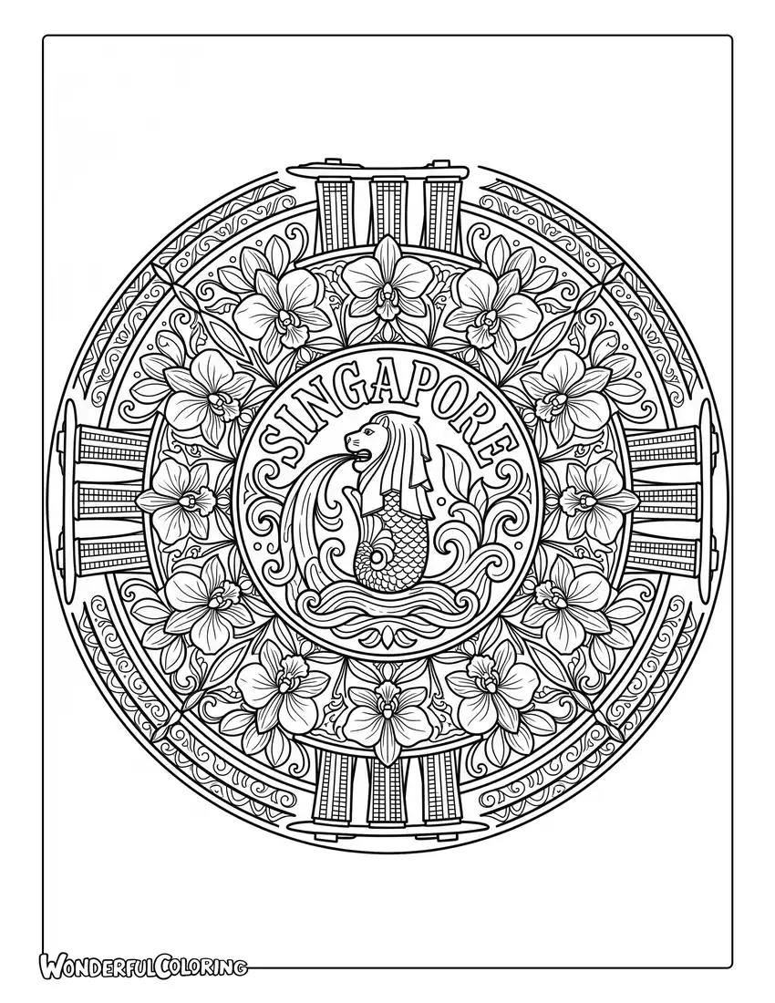 Singapore mandala coloring page with Merlion, Marina Bay Sands, tropical orchids, and intricate floral patterns