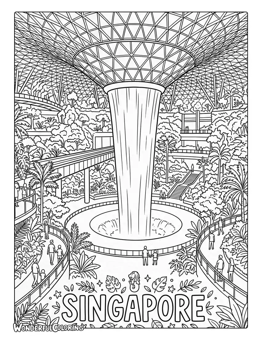 Jewel Changi Airport coloring page with Rain Vortex waterfall, lush tropical plants, and indoor forest scenery