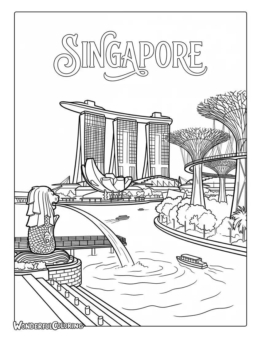 Singapore skyline coloring page with Marina Bay Sands, Gardens by the Bay Supertrees, and the Merlion at sunset