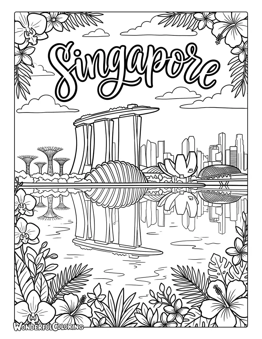 Marina Bay Sands coloring page with waterfront reflections, tropical flowers, and a beautiful city skyline
