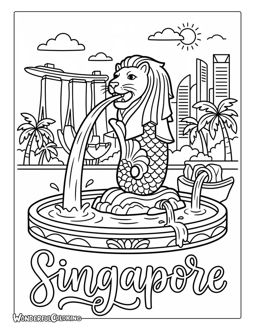 Merlion fountain coloring page with the iconic mythical creature, flowing water, and elegant decorative details
