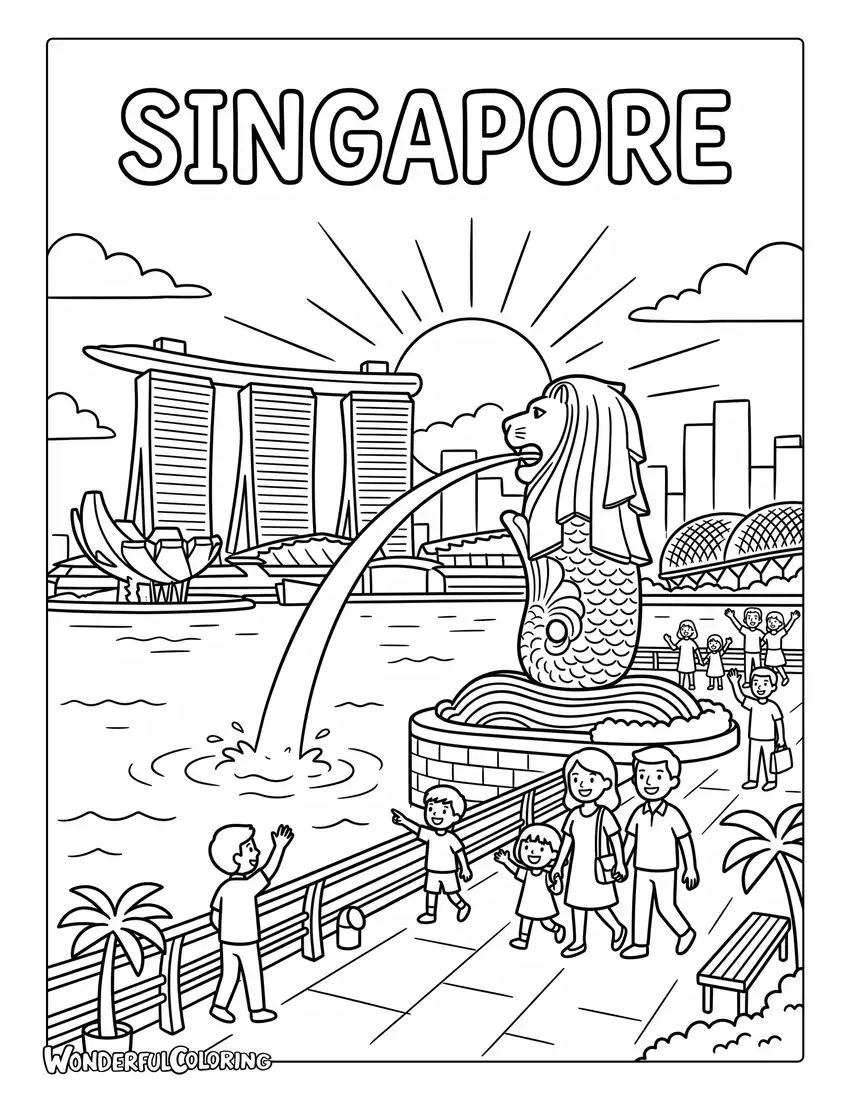 Merlion Park coloring page with the famous fountain, Marina Bay Sands, waterfront, and golden sunrise