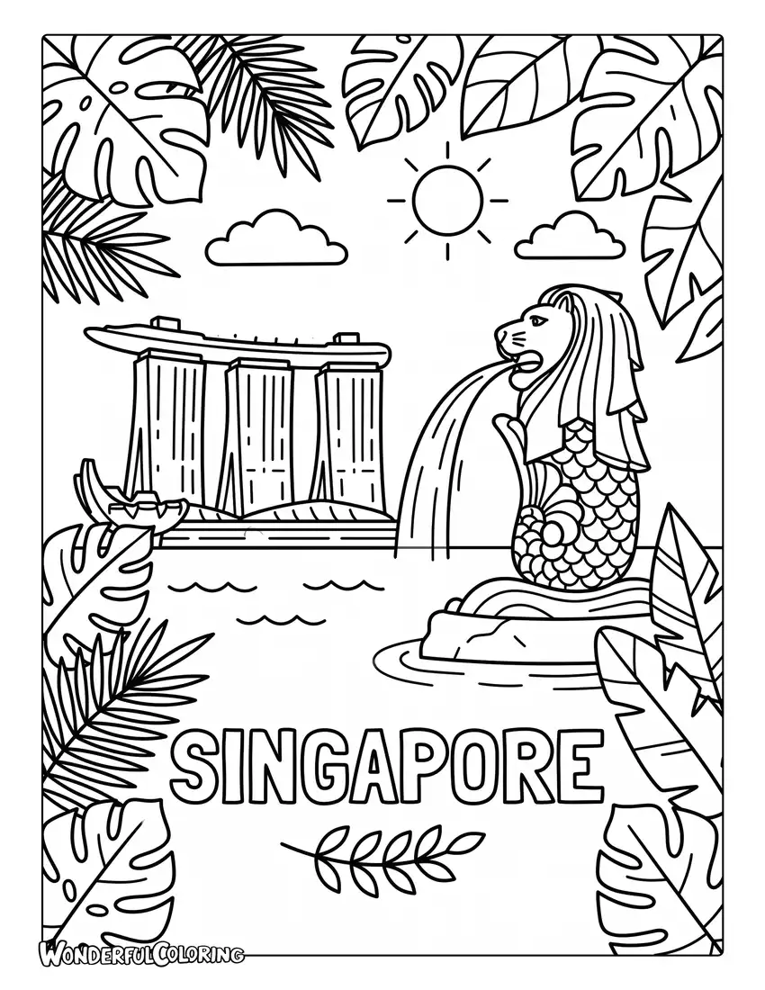 Minimalist Singapore landmarks coloring page with the Merlion, Marina Bay Sands, tropical leaves, and pastel shapes