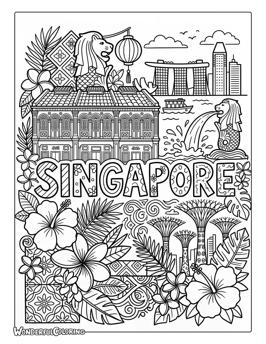 Peranakan culture coloring page with colorful shophouses, tropical flowers, cultural patterns, and architectural details