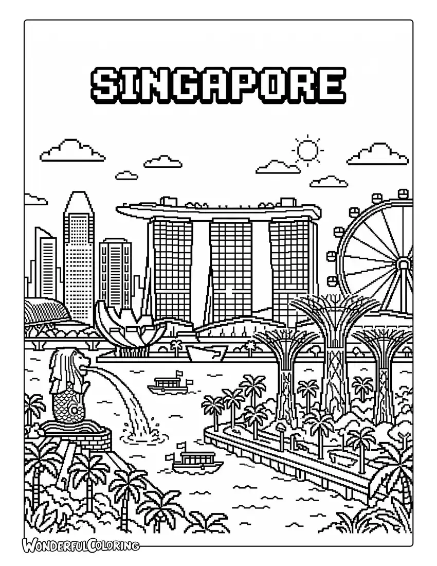 Singapore pixel art coloring page with Marina Bay Sands, tropical trees, and retro video game scenery