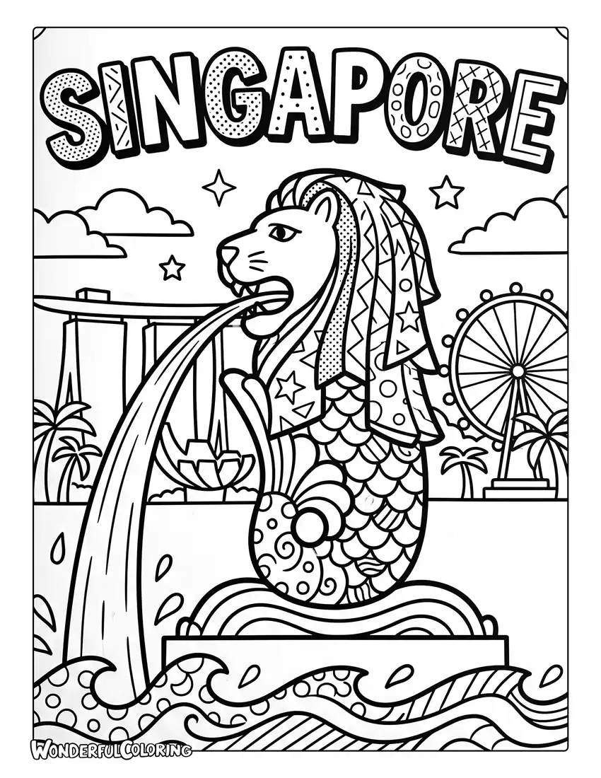 Pop art Merlion coloring page with comic-style patterns, bold shapes, and vibrant halftone textures
