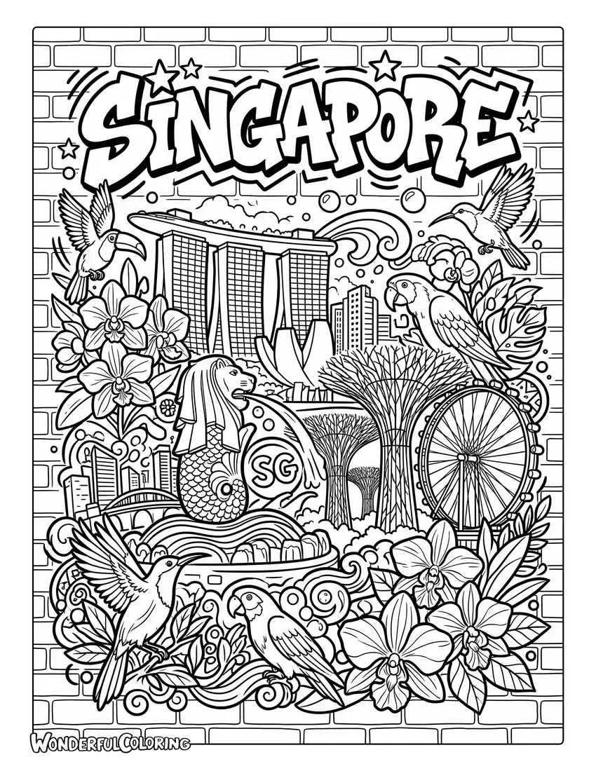 Singapore street art coloring page with Merlion, tropical flowers, birds, and colorful graffiti patterns