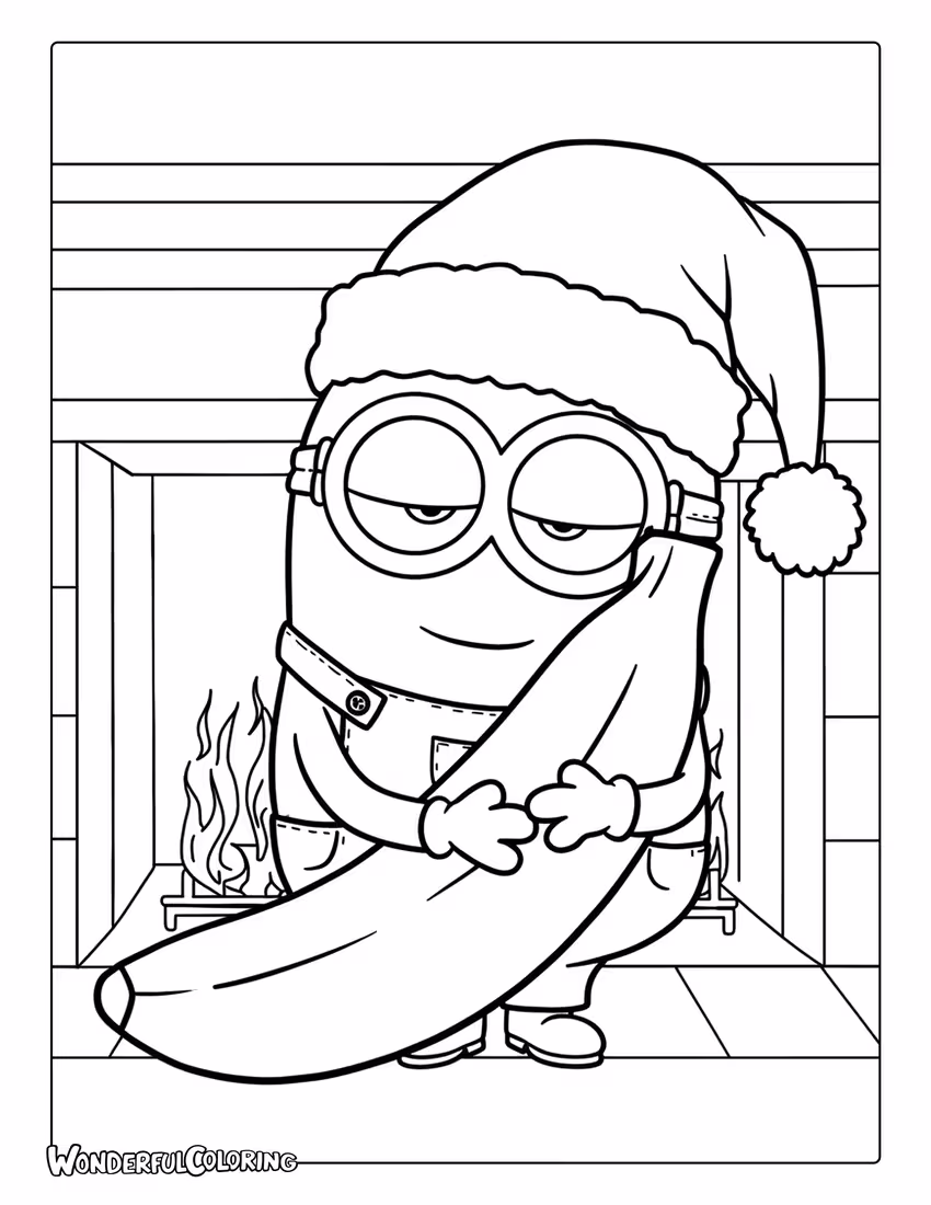 A sleepy Minion wearing a Santa hat by fireplace coloring page.