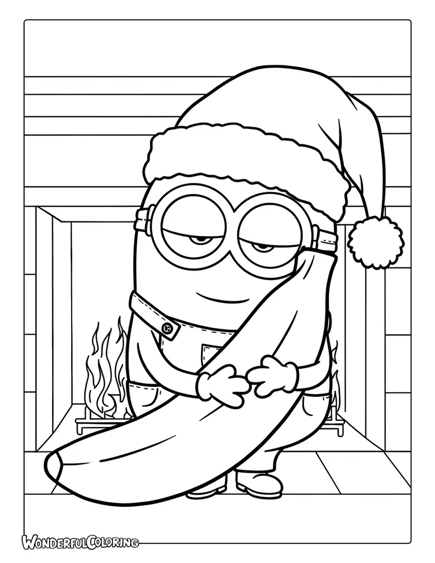 A sleepy Minion wearing a Santa hat by fireplace coloring page.