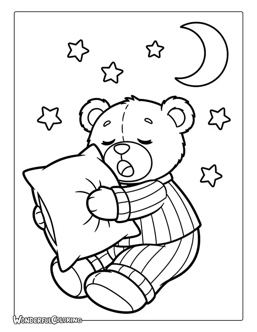 Sleepy teddy bear in pajamas with stars and moon coloring page