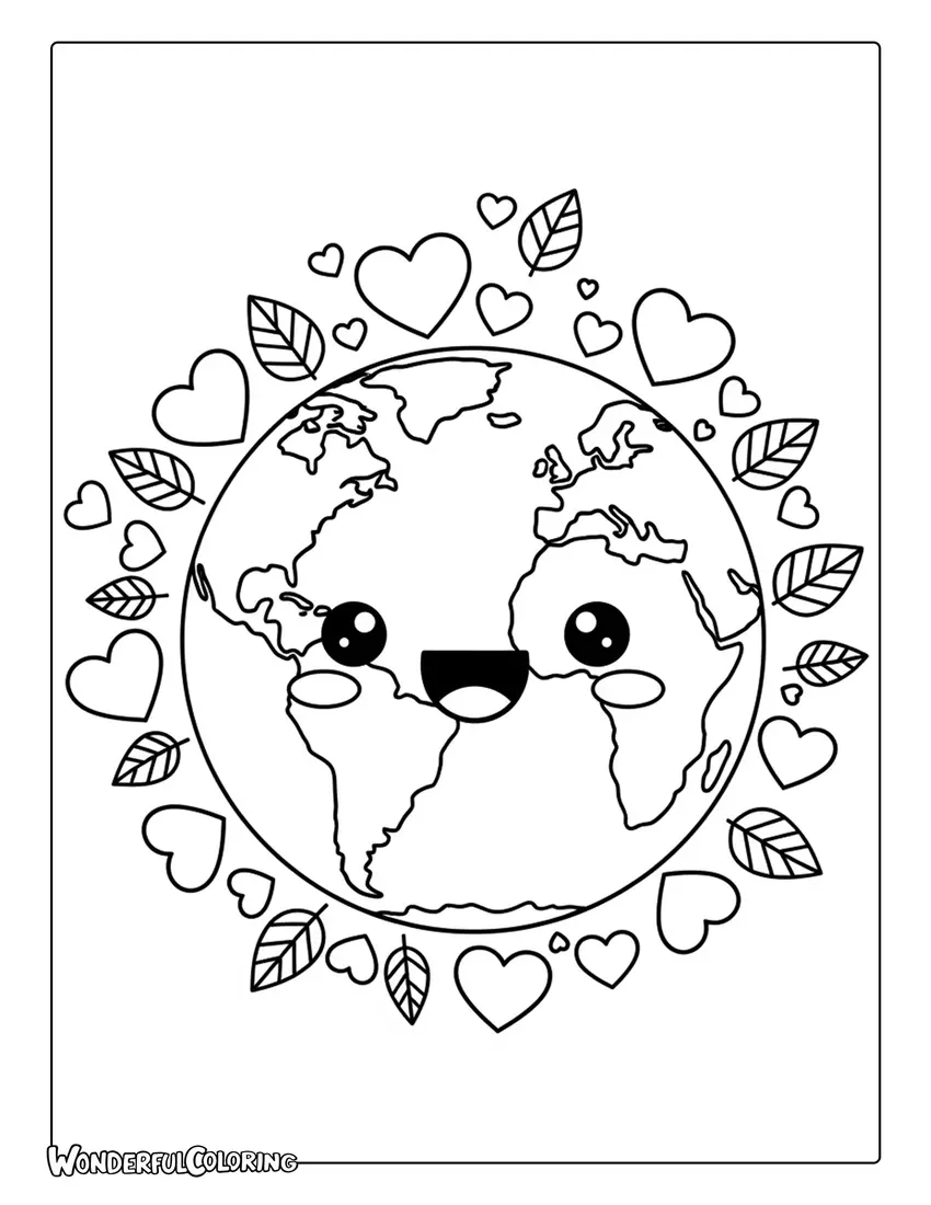 smiling earth with hearts and leaves kawaii coloring page