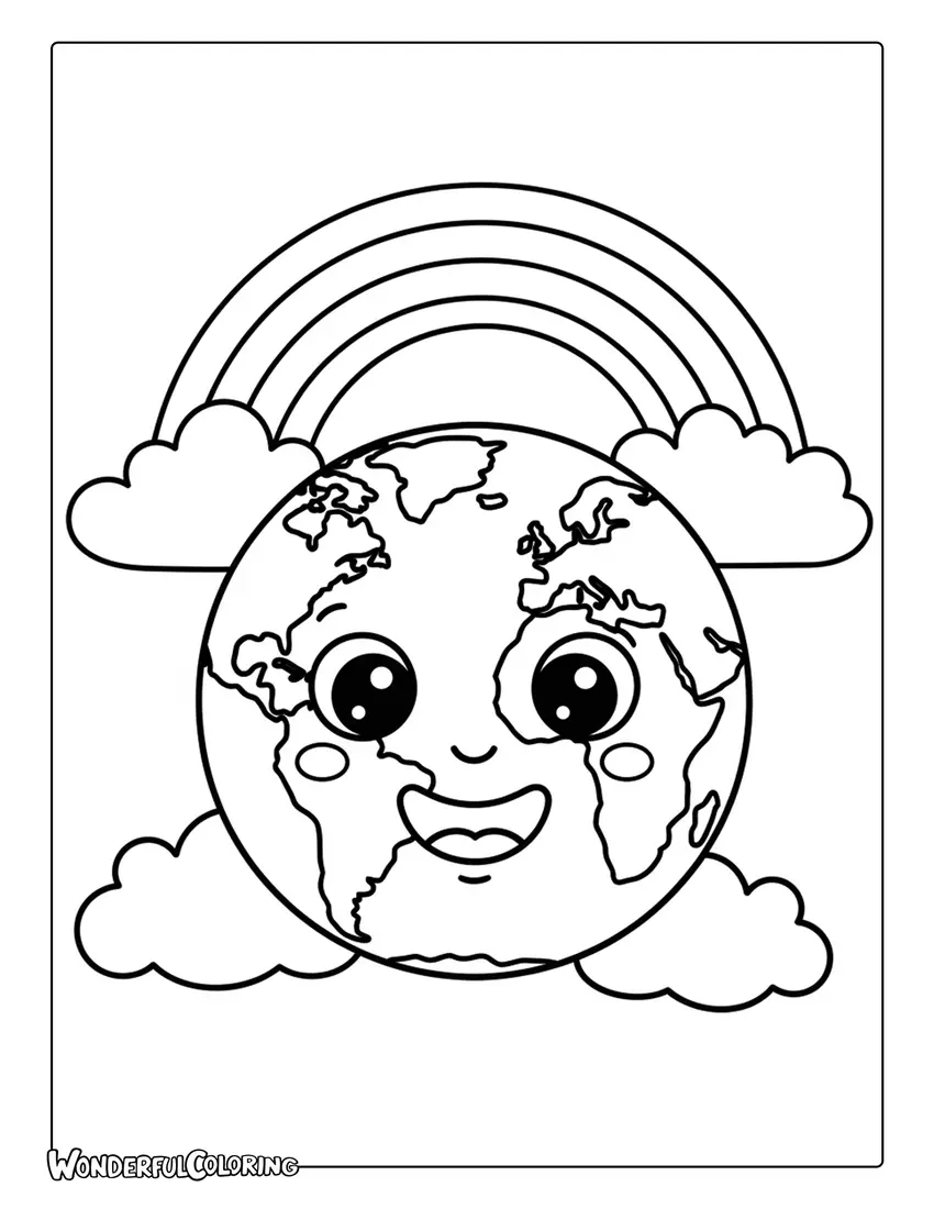 smiling earth rainbow clouds kids style coloring page