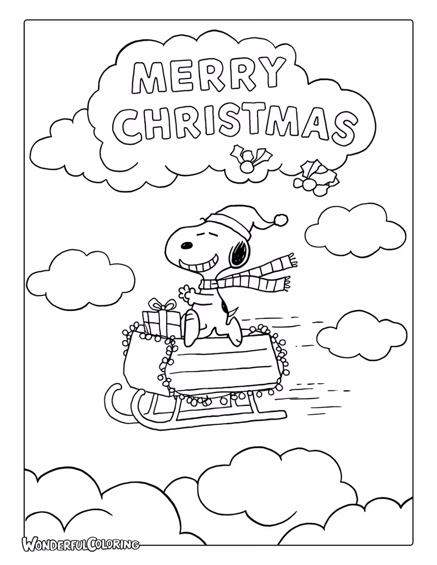 Flying Snoopy Merry Christmas coloring page