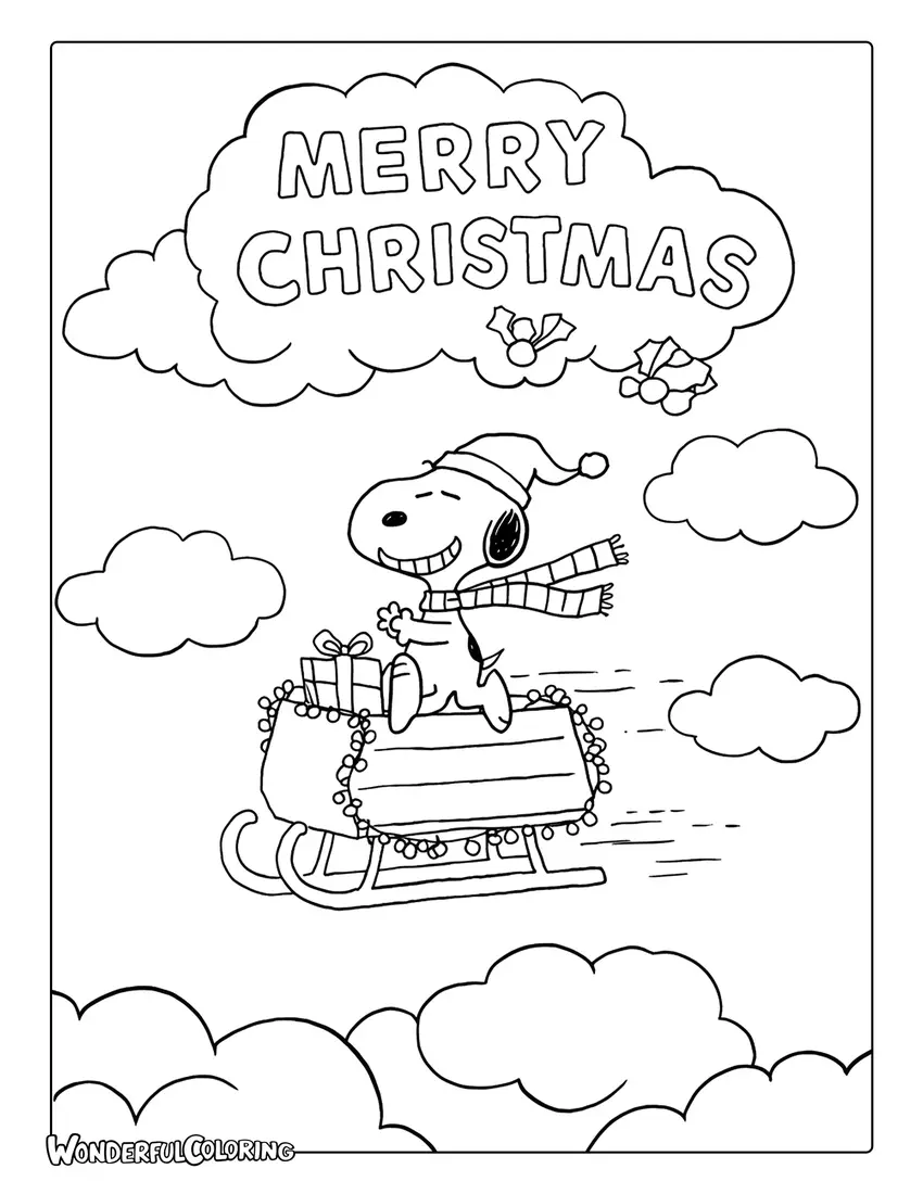 Flying Snoopy Merry Christmas coloring page
