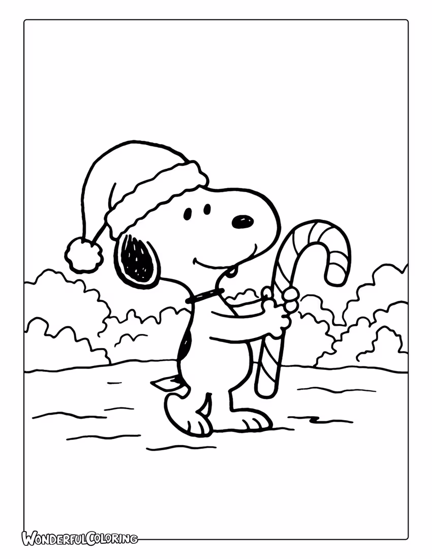Snoopy Christmas coloring of Snoopy wearing a Santa hat holding a candy cane