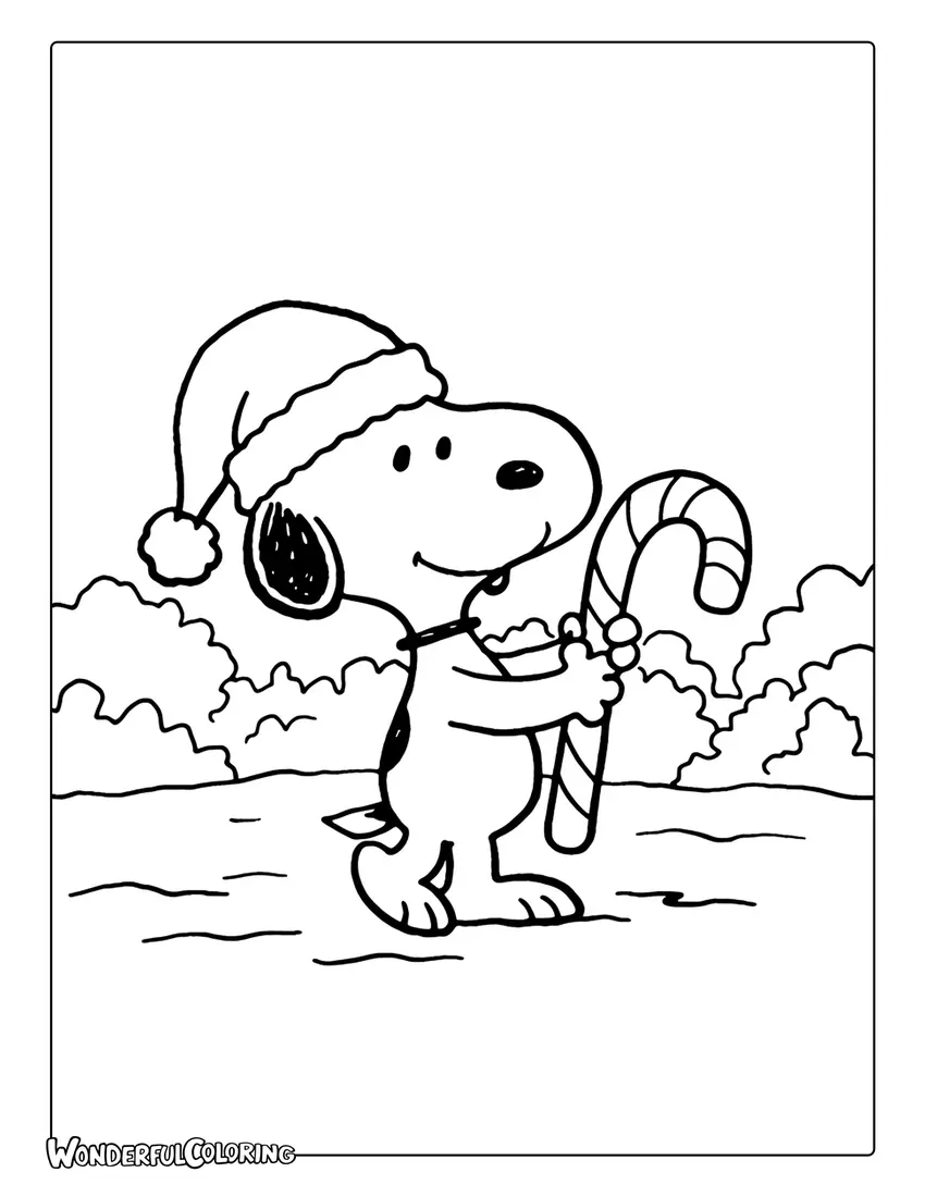 Snoopy Christmas coloring of Snoopy wearing a Santa hat holding a candy cane