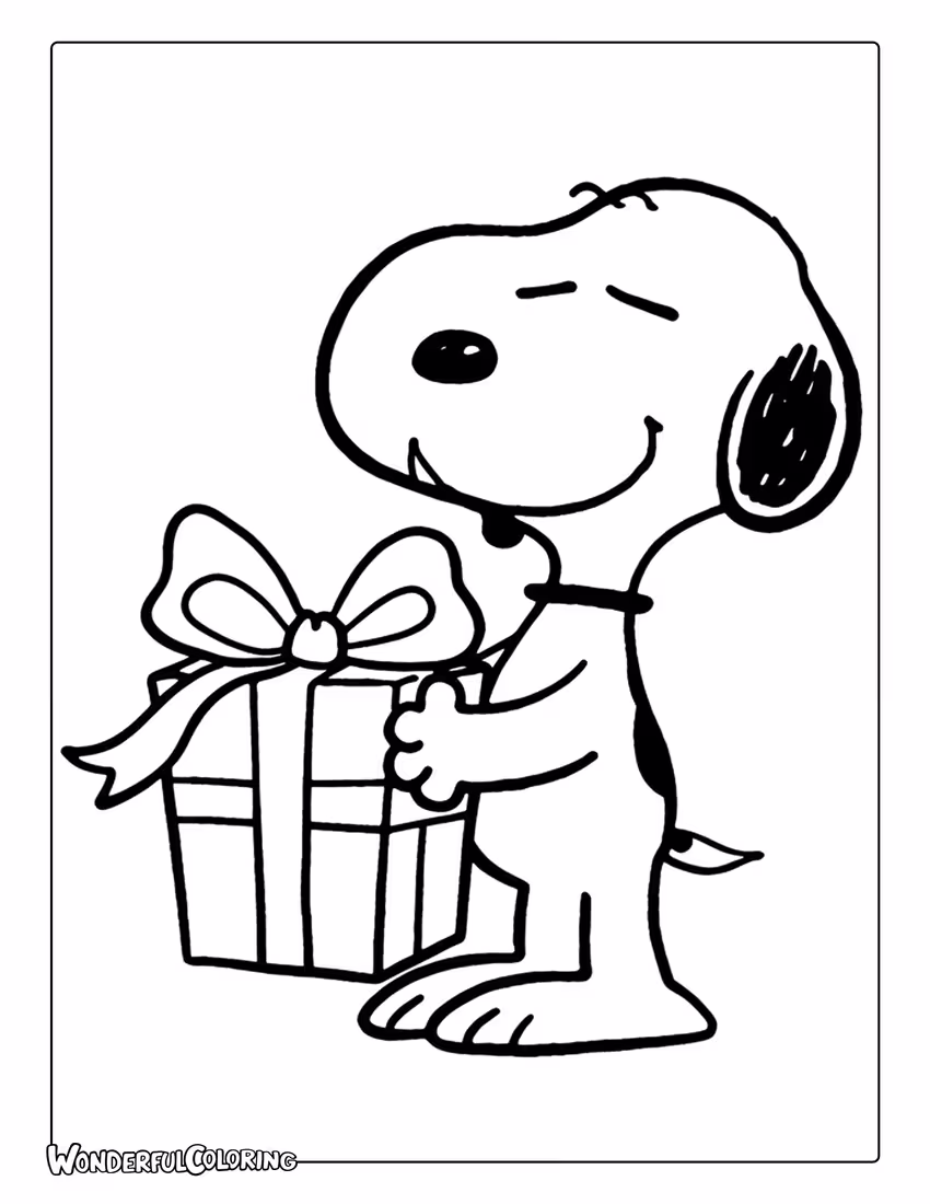 Snoopy holding Christmas present coloring page