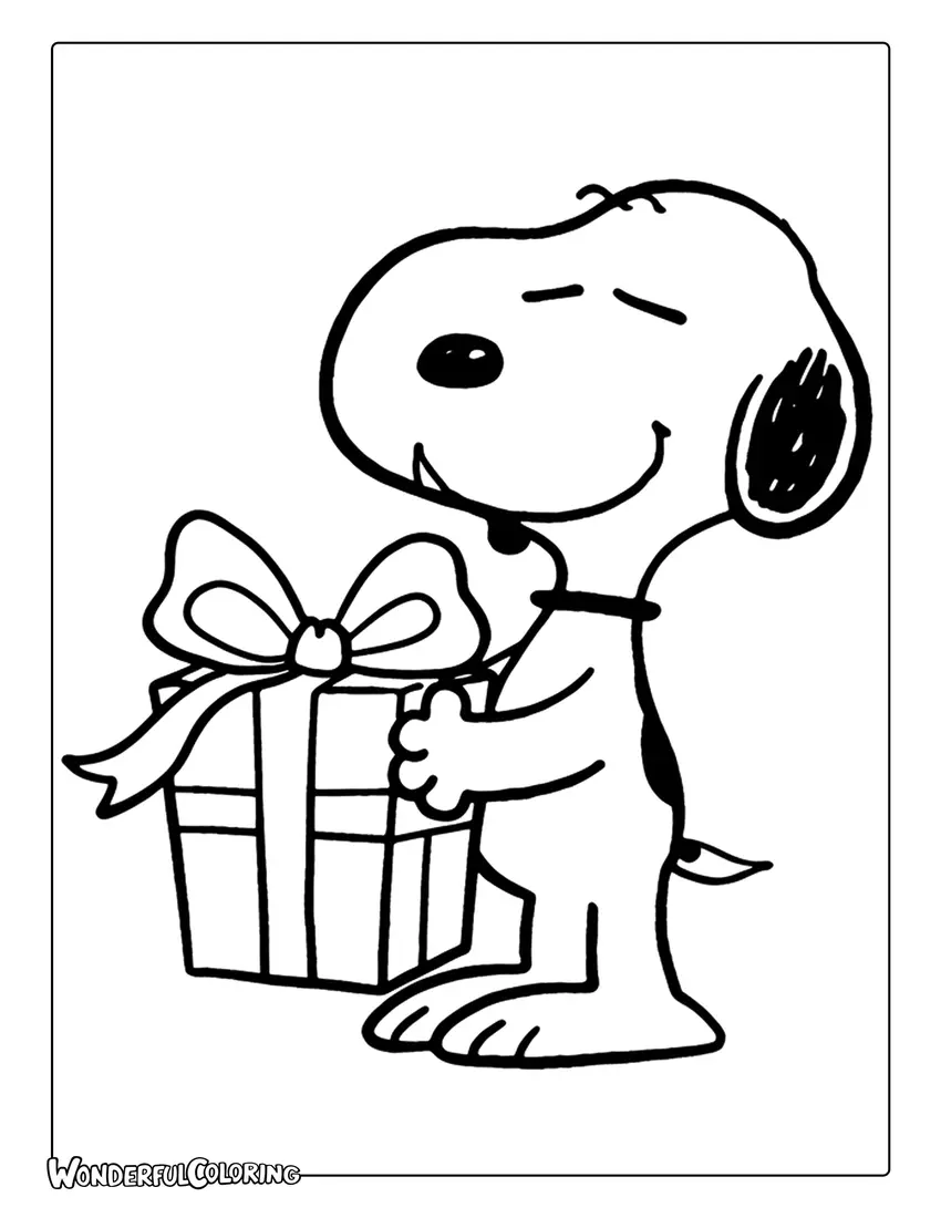 Snoopy holding Christmas present coloring page