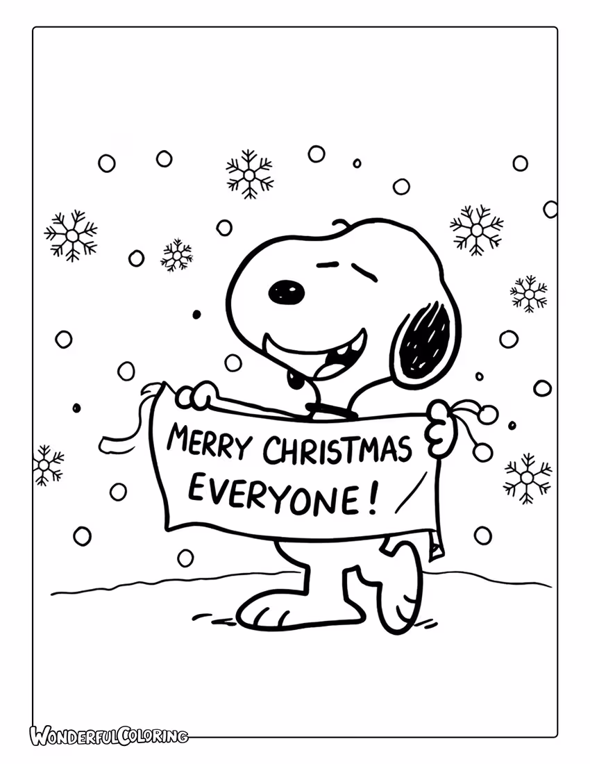 Snoopy holding Merry Christmas banner coloring page