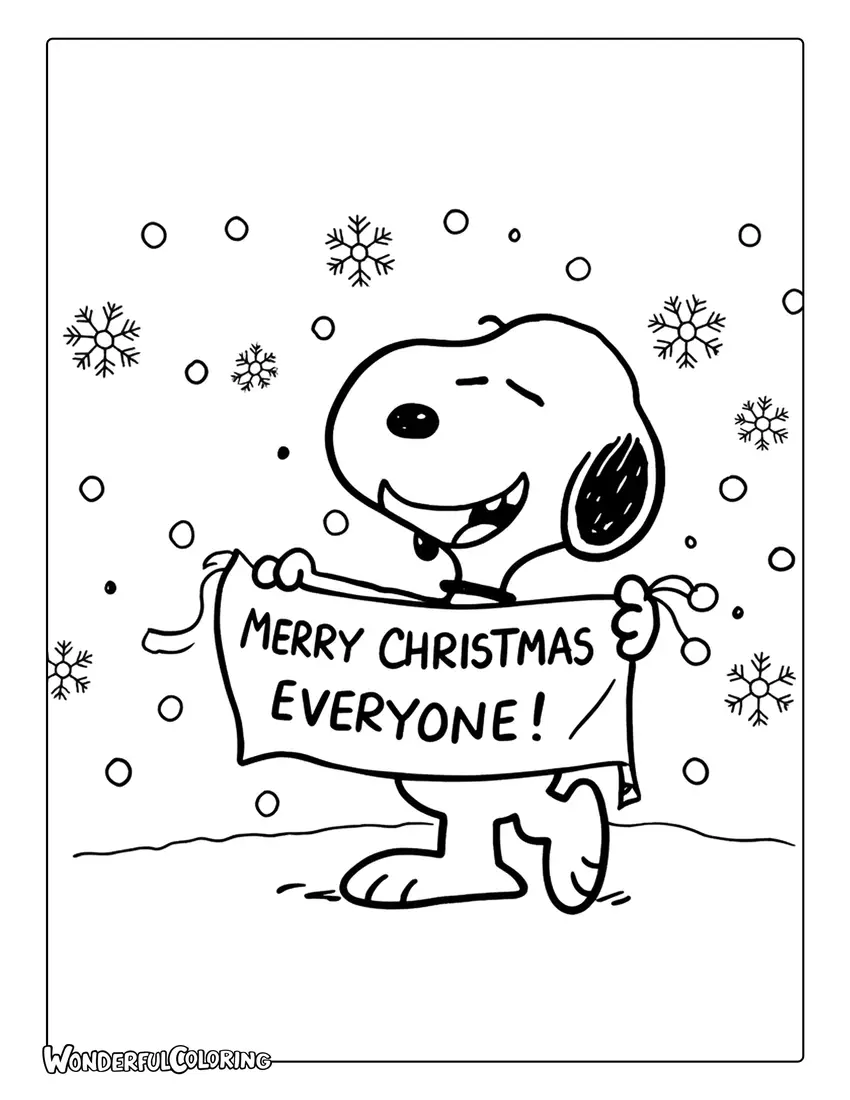 Snoopy holding Merry Christmas banner coloring page