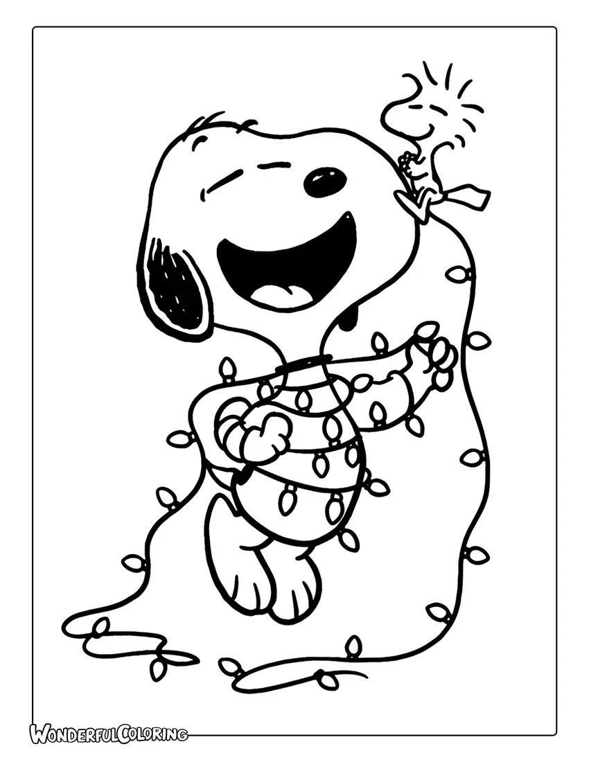 Snoopy tangled lights Christmas coloring sheet