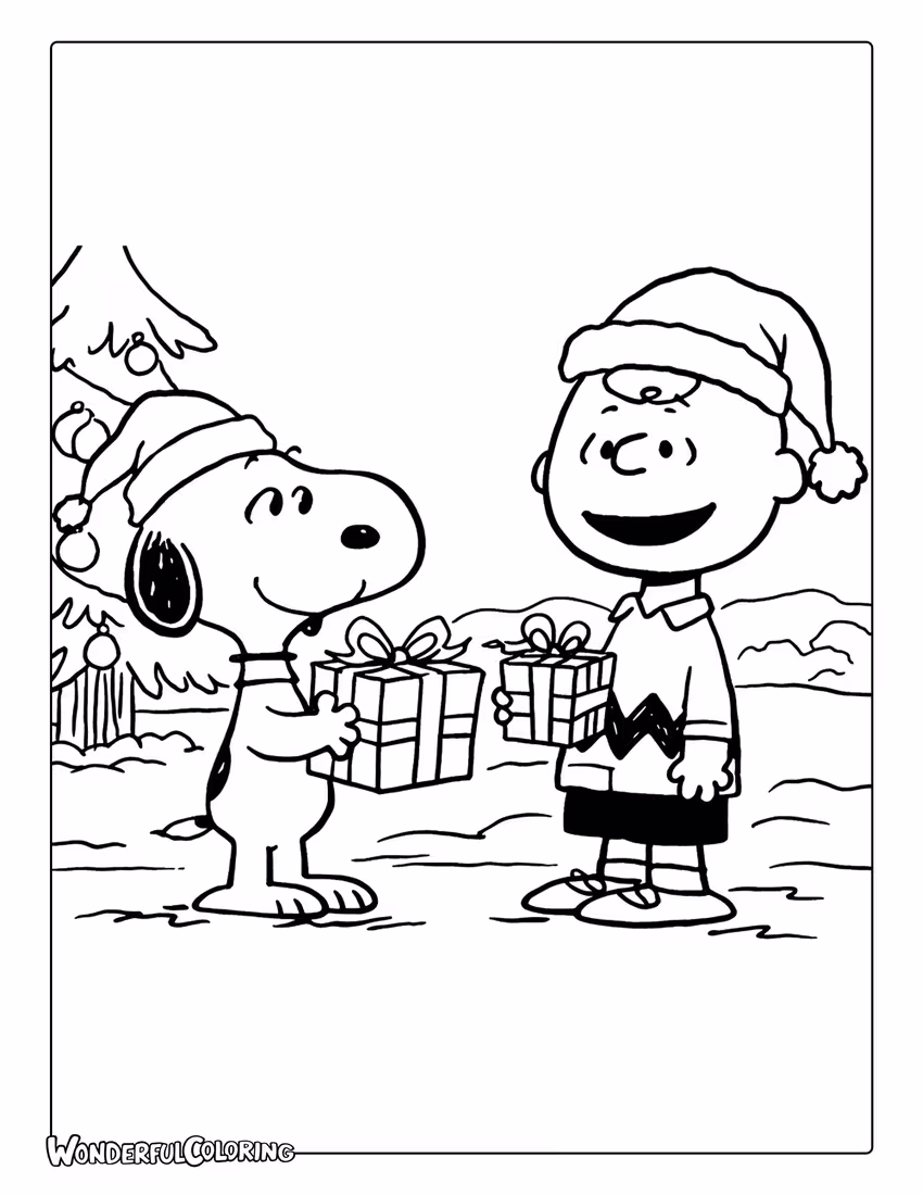Snoopy and Charlie Brown Exchanging Christmas Gifts Coloring Page