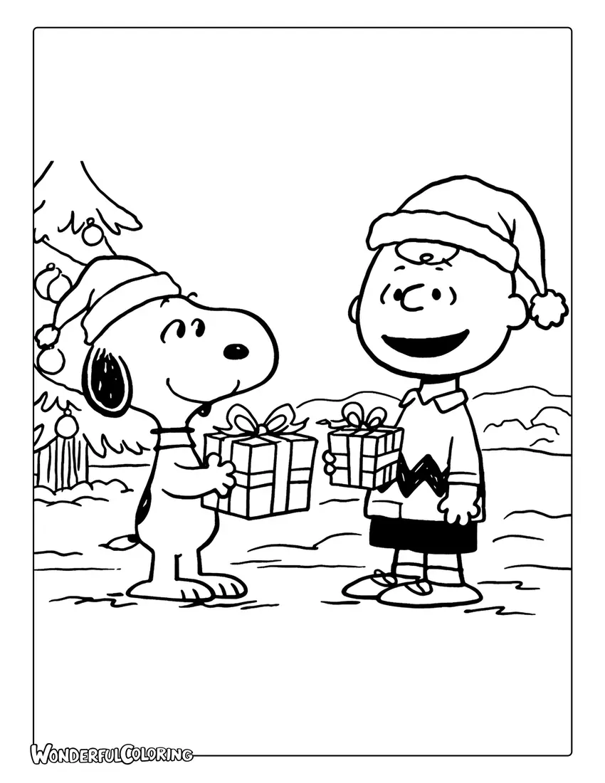 Snoopy and Charlie Brown Exchanging Christmas Gifts Coloring Page
