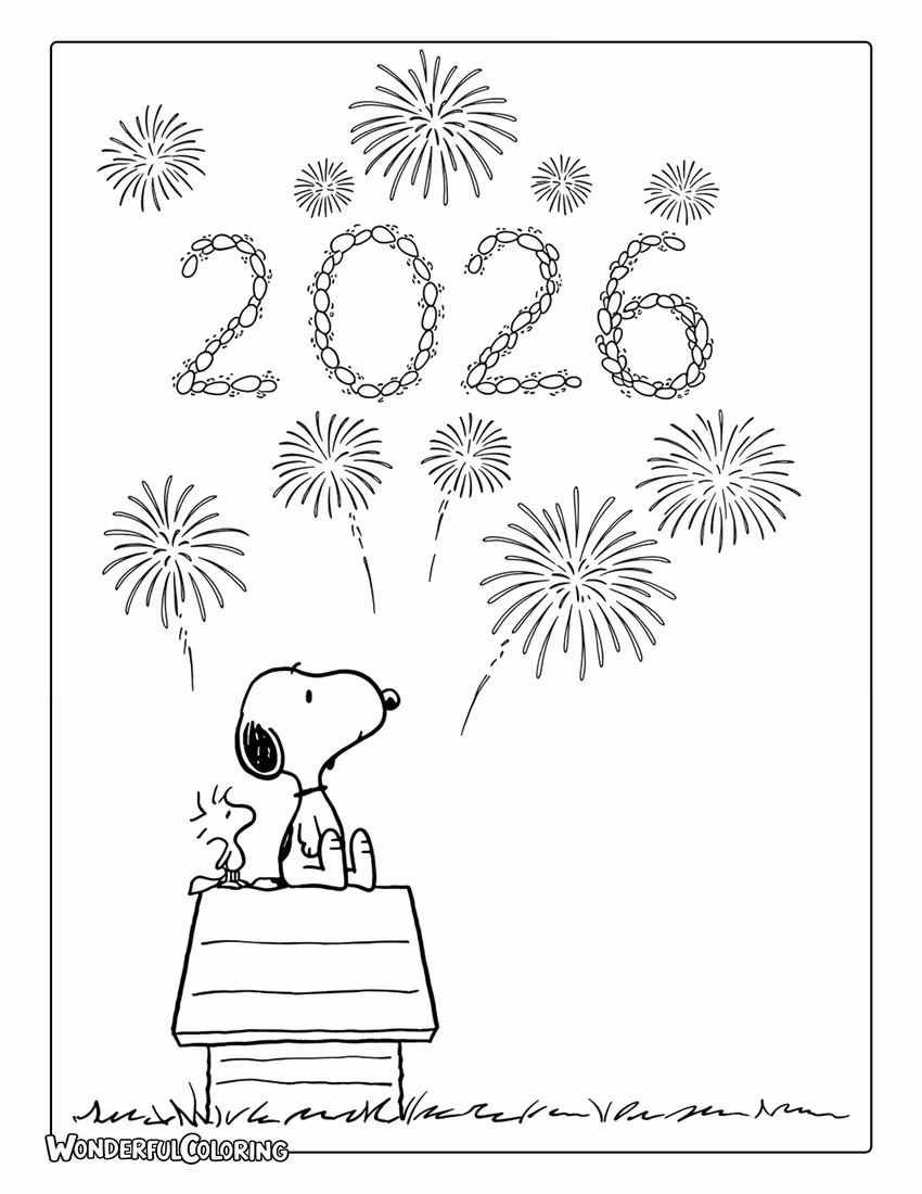 Snoopy and Woodstock 2026 Coloring Page with fireworks spelling 2026