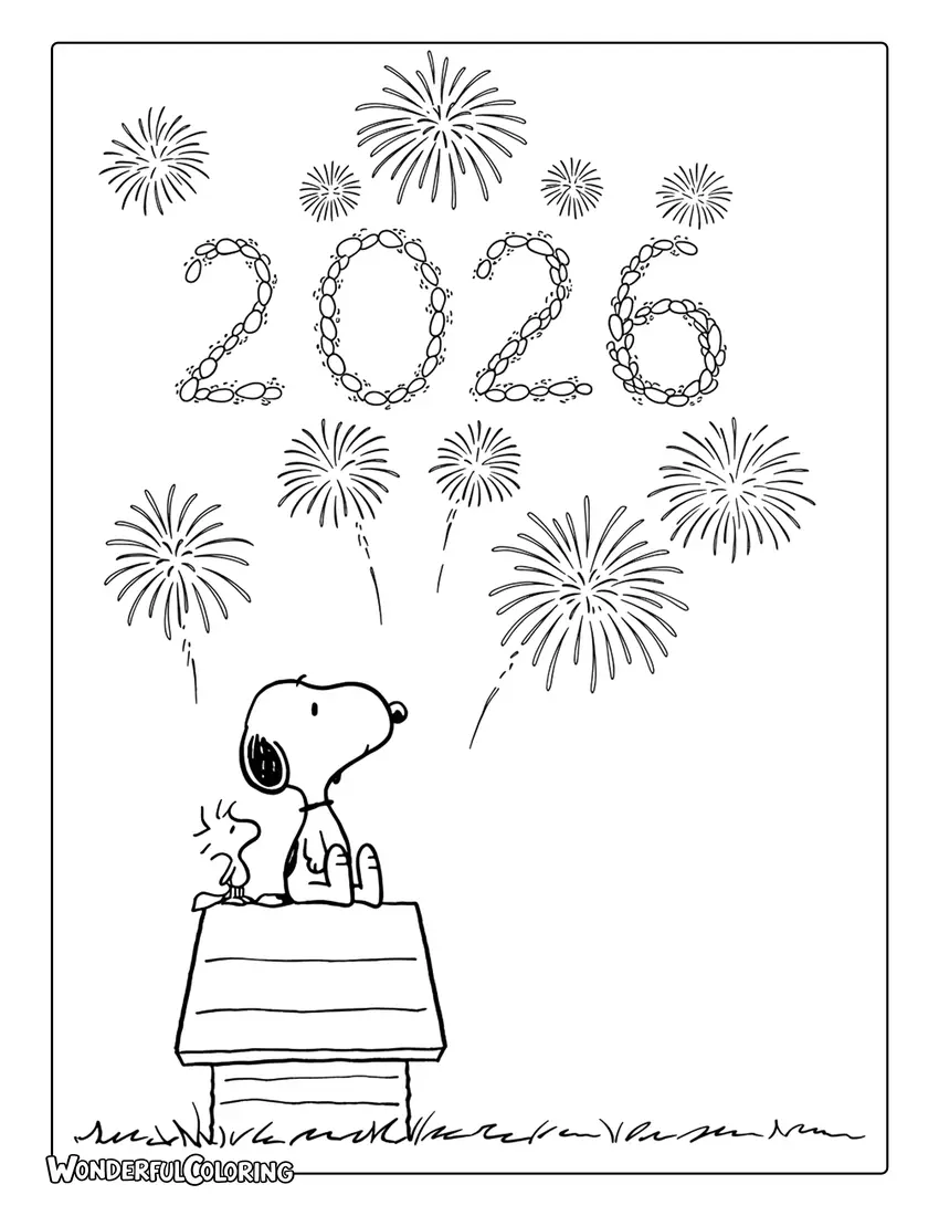 Snoopy and Woodstock 2026 Coloring Page with fireworks spelling 2026