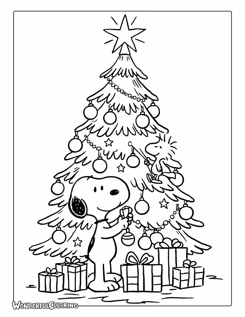 Snoopy and Woodstock decorating Christmas tree coloring page