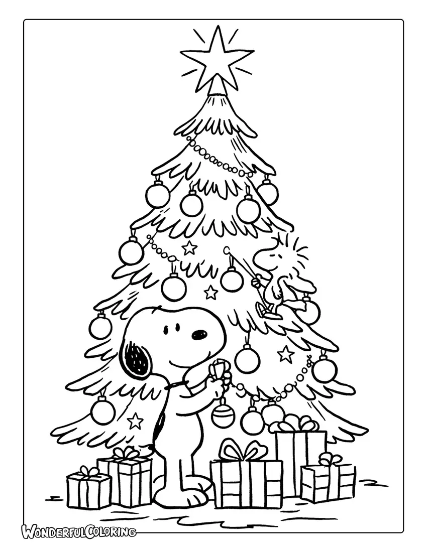Snoopy and Woodstock decorating Christmas tree coloring page