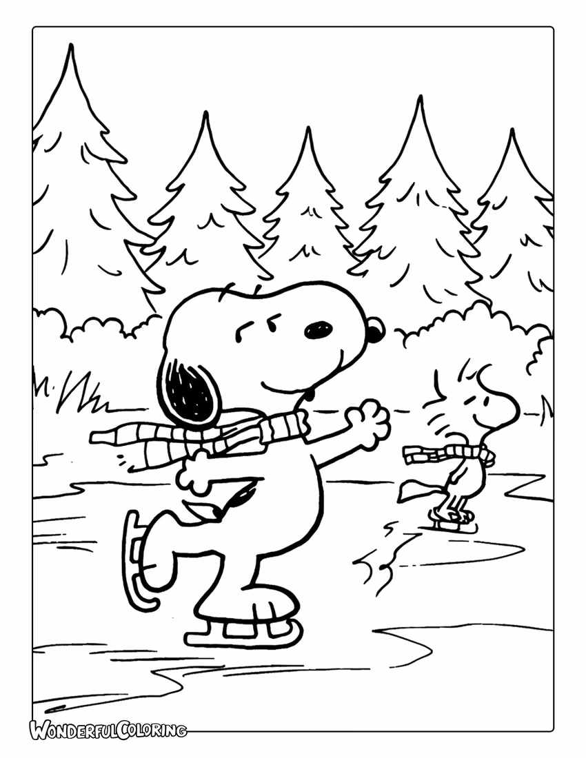 Snoopy and Woodstock ice skating coloring sheet