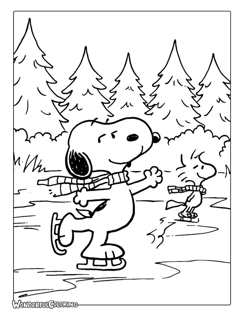 Snoopy and Woodstock ice skating coloring sheet