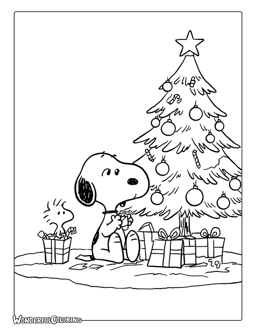 Snoopy and Woodstock opening Christmas gifts coloring page