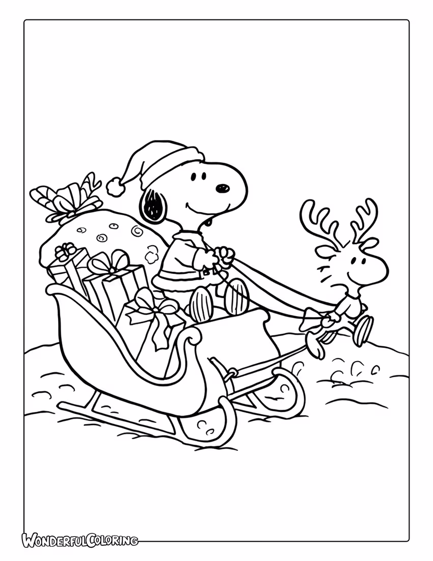 Santa Snoopy Christmas sleigh coloring page