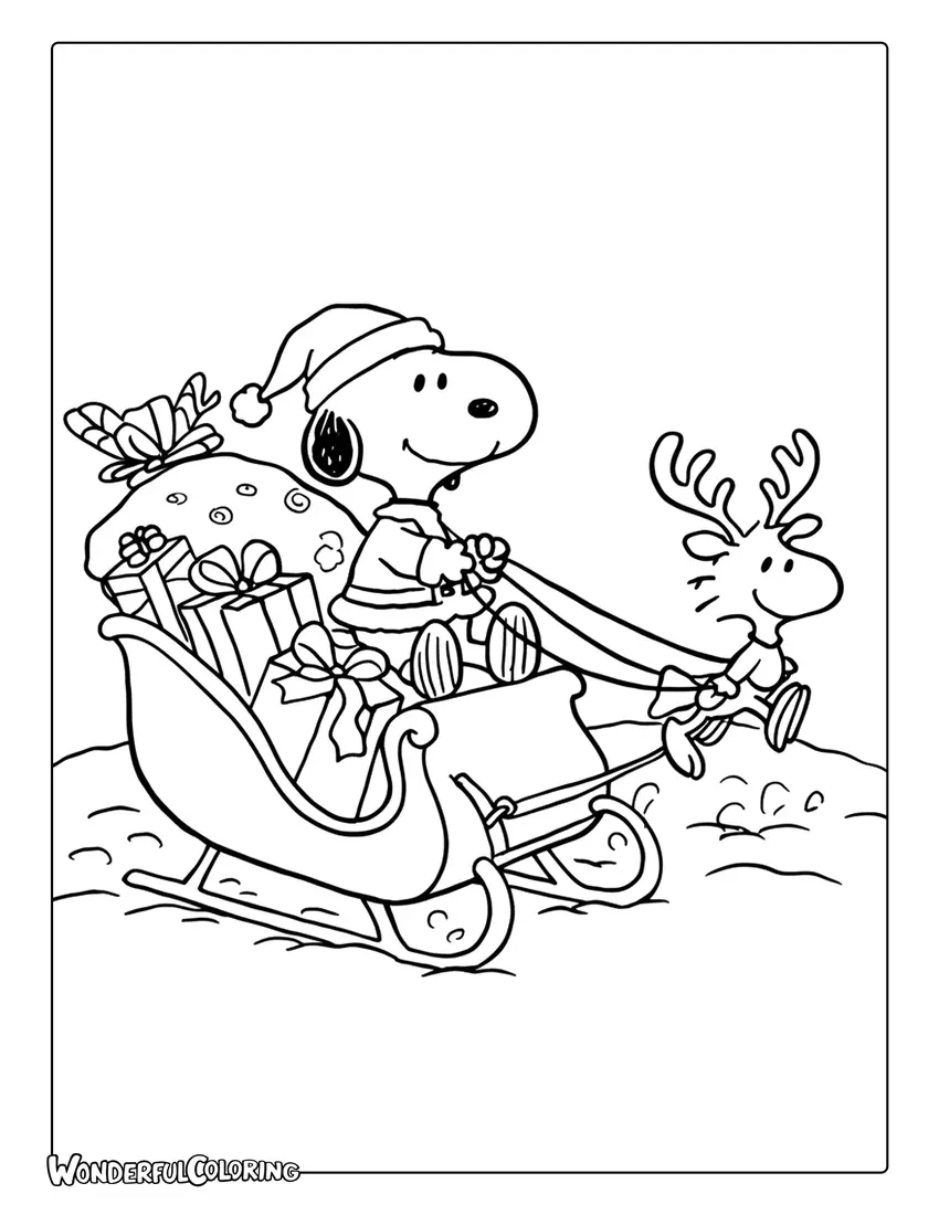 Santa Snoopy Christmas sleigh coloring page
