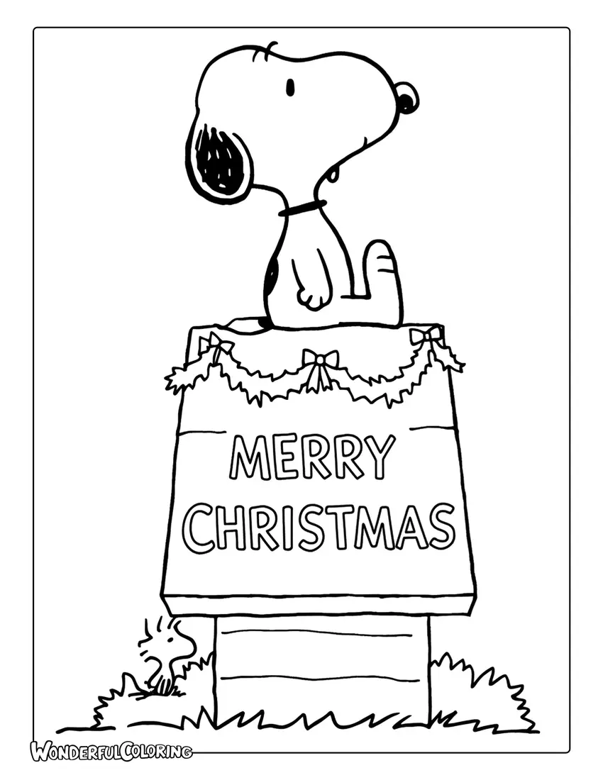 Snoopy Merry Christmas coloring page on decorated doghouse