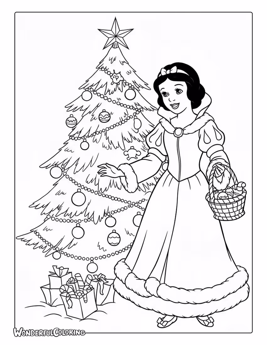 Snow White Christmas coloring page with a Christmas tree