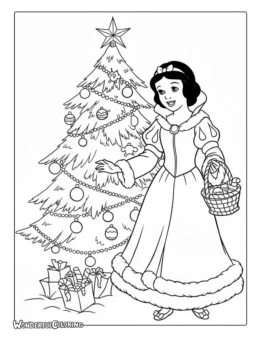 Snow White Christmas coloring page with a Christmas tree