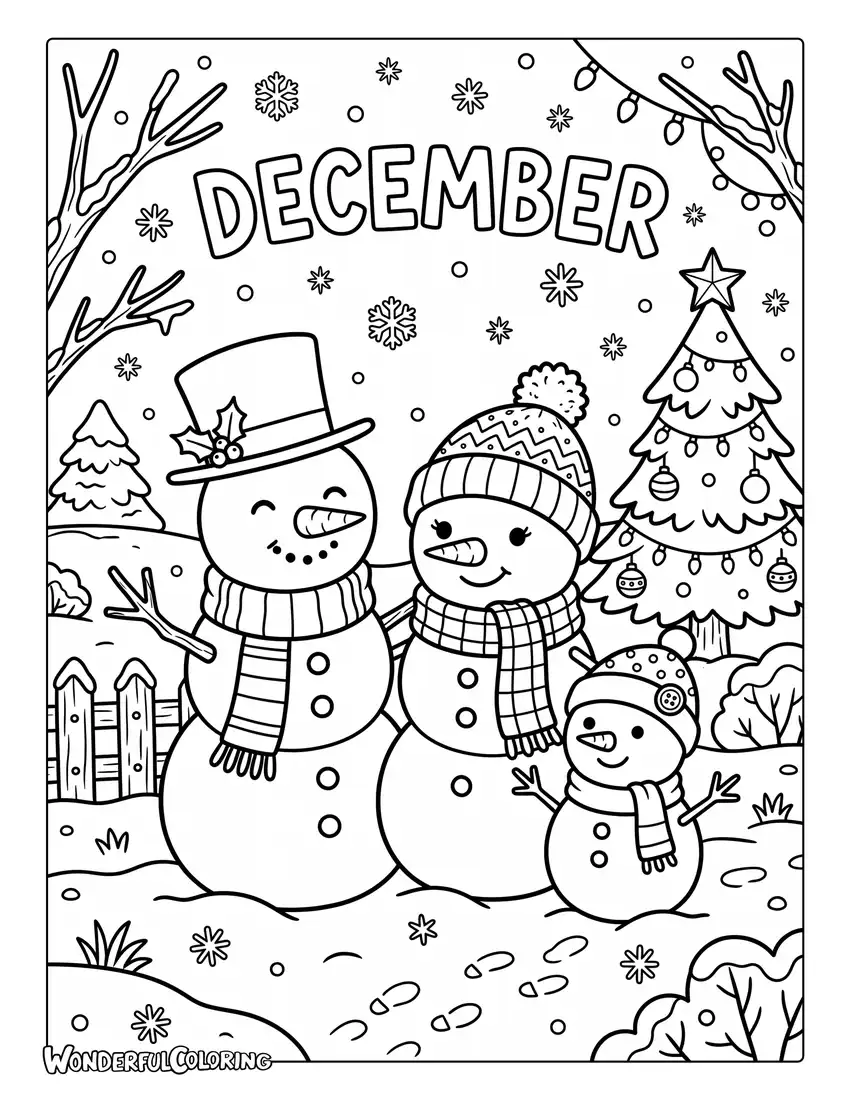 December snowman coloring page with a cheerful snowman family wearing colorful scarves and winter hats
