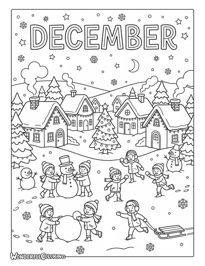 December snowy village coloring page with charming houses, Christmas lights, snowmen, and children playing in the snow
